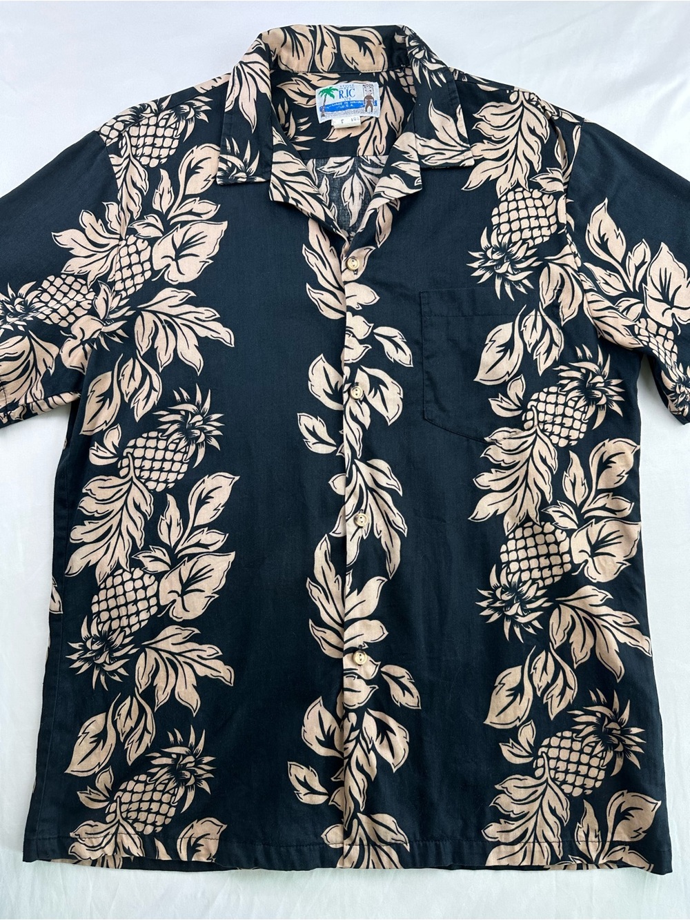 Vintage RJC Hawaiian Shirt Black Beige Pineapple Floral Tropical Print Aloha L